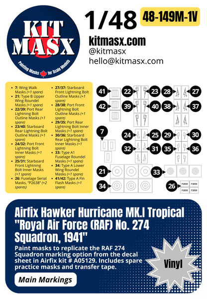 Airfix Hawker Hurricane Mk.I Tropical "Royal Air Force (RAF) No. 274 Squadron, 1941" 1/48 Main Marking Paint Masks, Kit # A05129