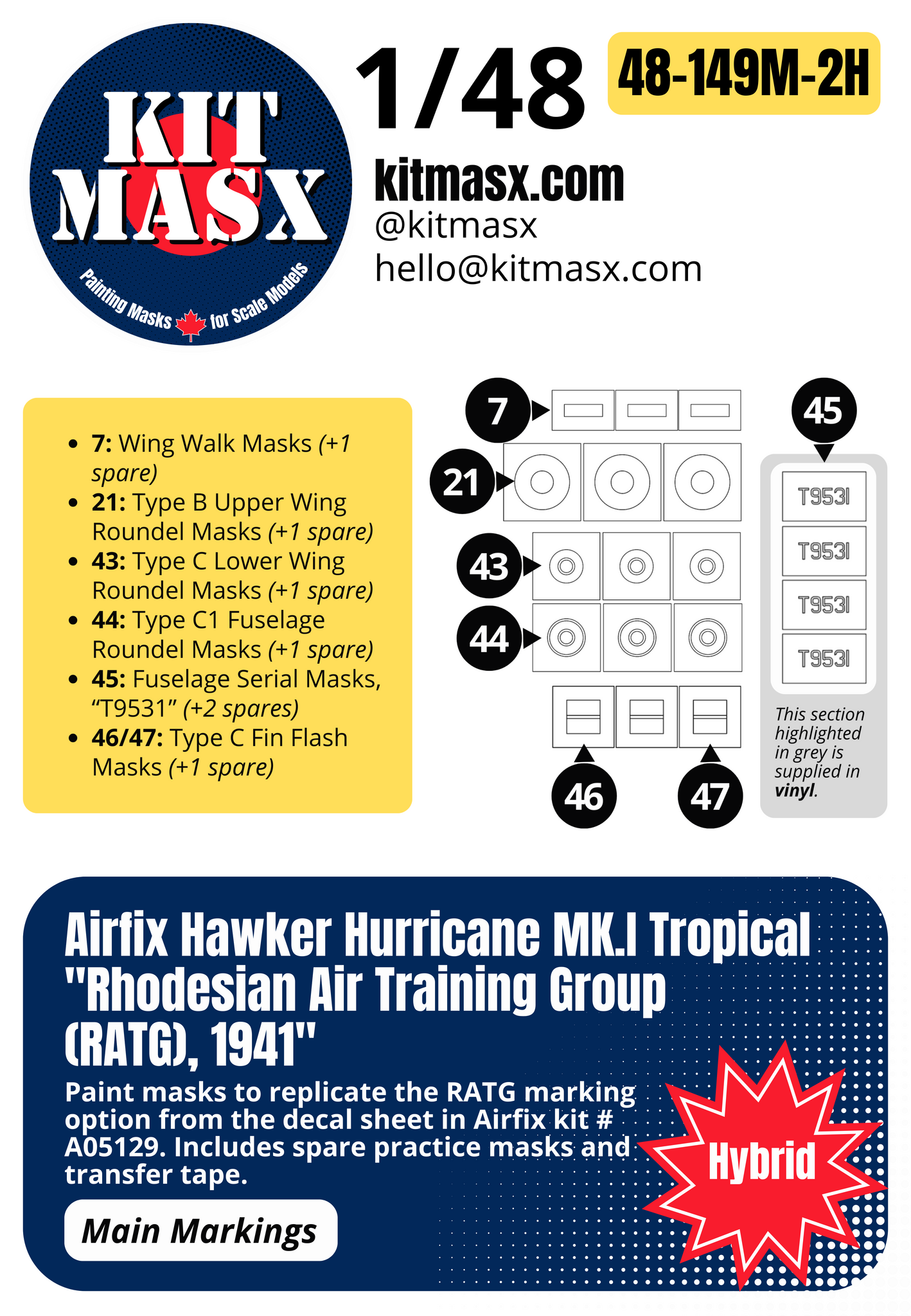 Airfix Hawker Hurricane Mk.I Tropical "Rhodesian Air Training Group (RATG), 1941" 1/48 Main Marking Paint Masks, Kit # A05129