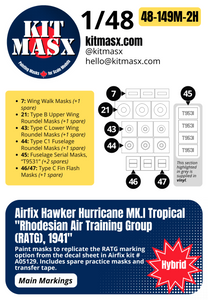 Airfix Hawker Hurricane Mk.I Tropical "Rhodesian Air Training Group (RATG), 1941" 1/48 Main Marking Paint Masks, Kit # A05129