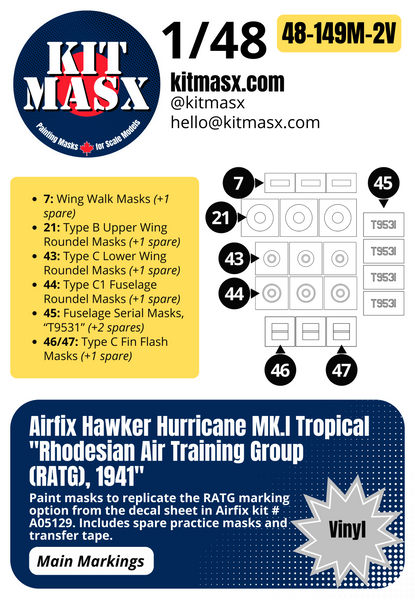 Airfix Hawker Hurricane Mk.I Tropical "Rhodesian Air Training Group (RATG), 1941" 1/48 Main Marking Paint Masks, Kit # A05129