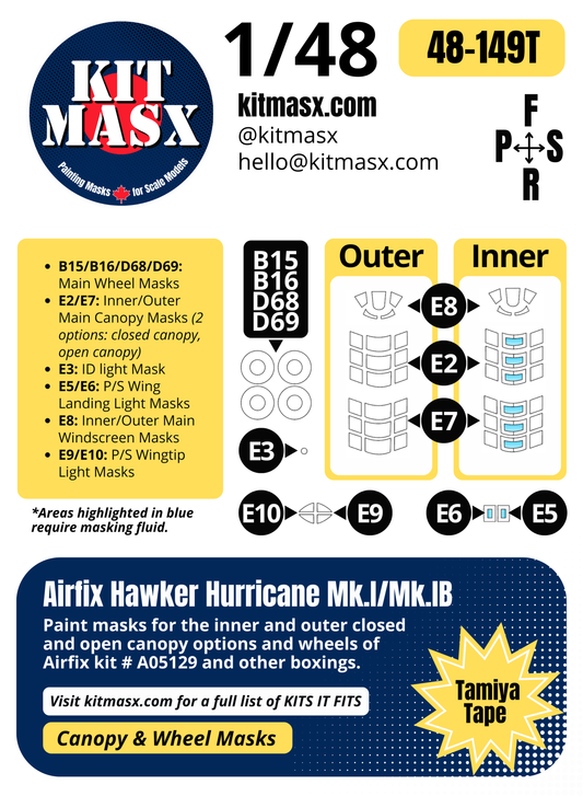 Airfix Hawker Hurricane Mk.I/Mk.IB 1/48 Canopy & Wheel Paint Masks, Kit # A05129