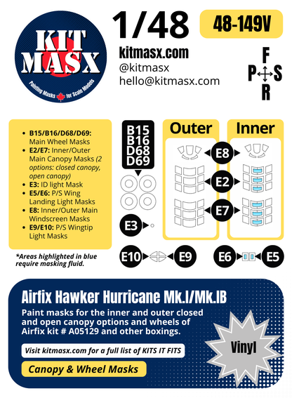 Airfix Hawker Hurricane Mk.I/Mk.IB 1/48 Canopy & Wheel Paint Masks, Kit # A05129
