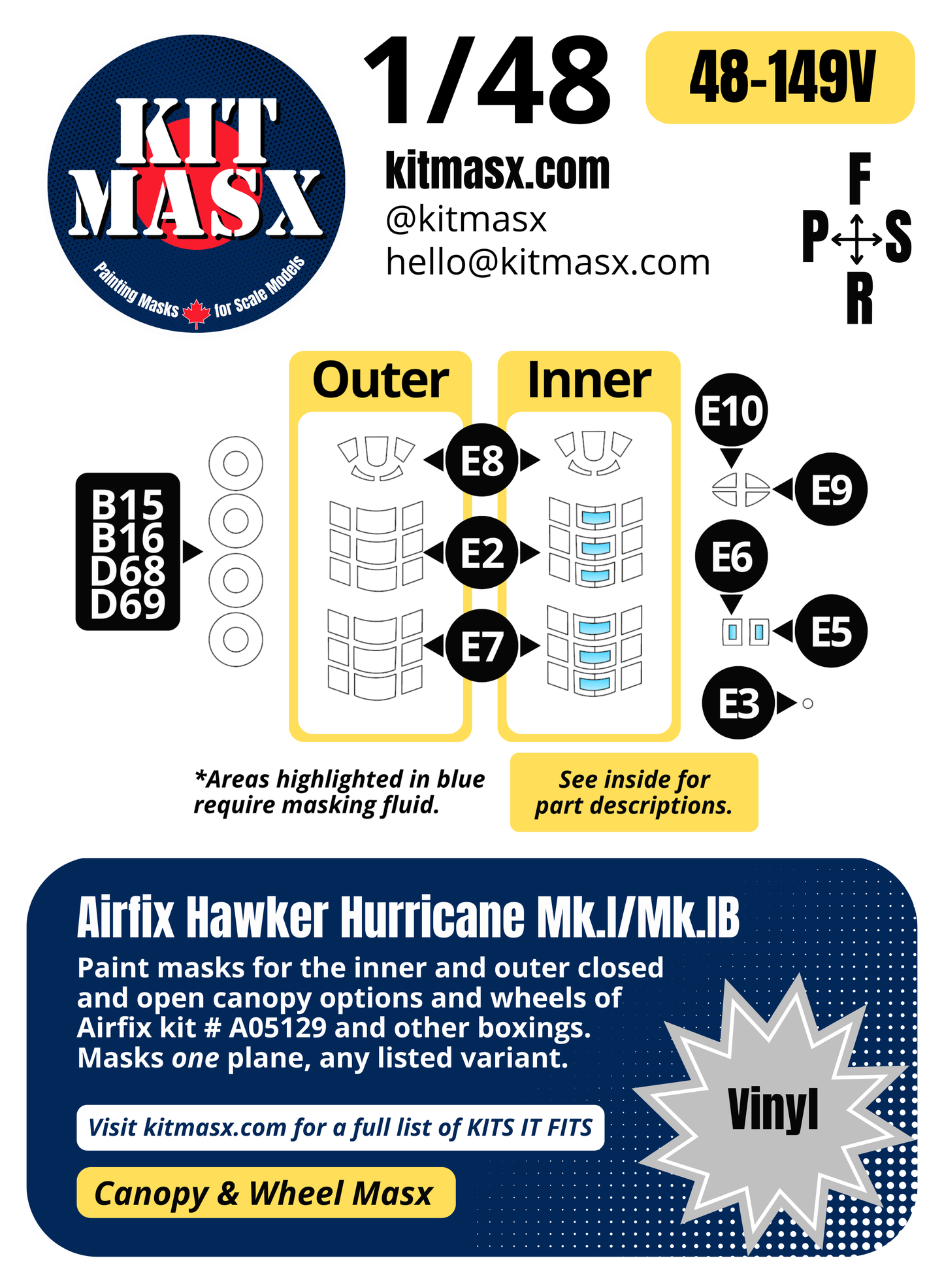 Airfix Hawker Hurricane Mk.I/Mk.IB 1/48 Canopy & Wheel Paint Masks, Kit # A05129