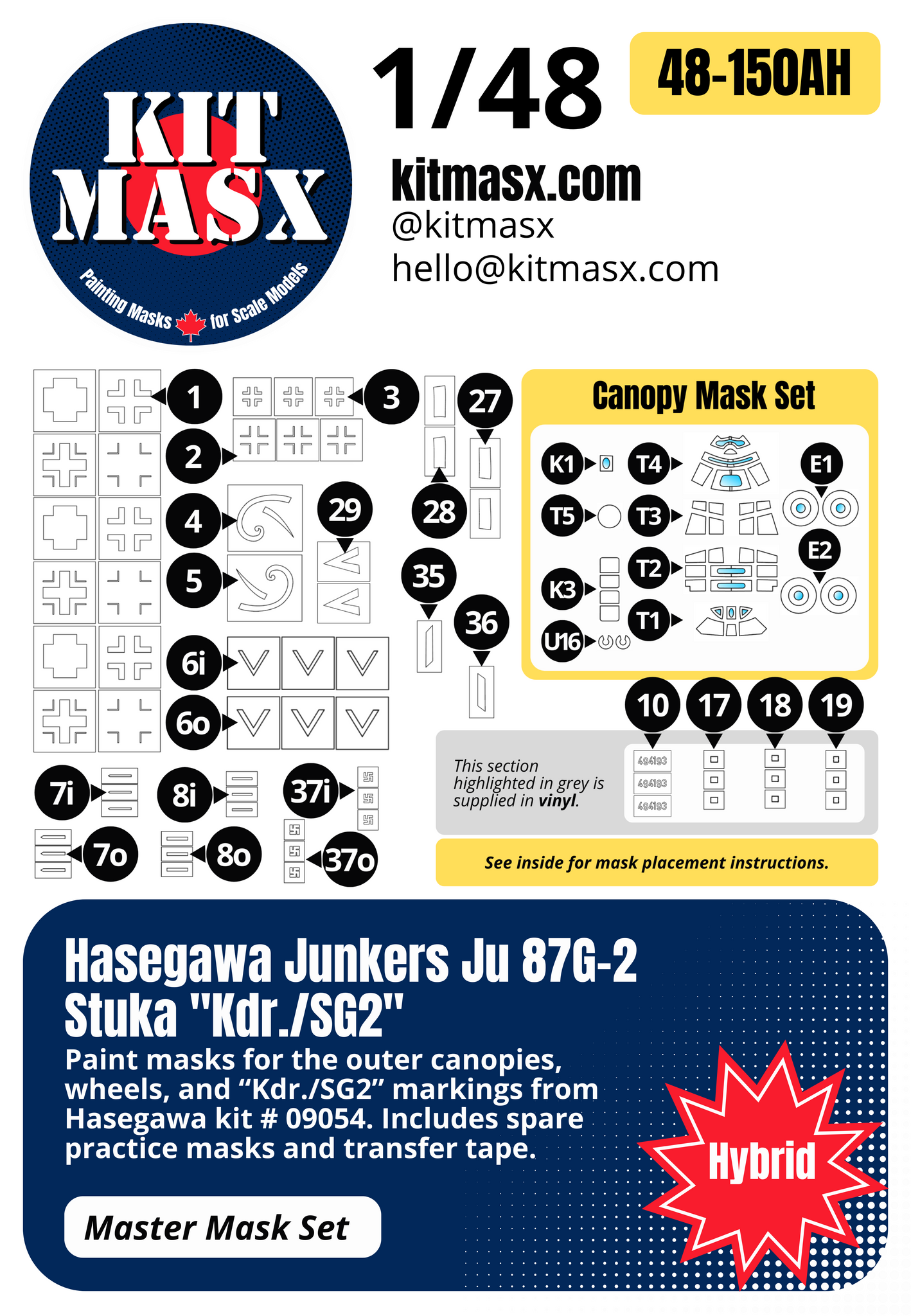 Hasegawa Junkers Ju 87G-2 Stuka "Kdr./SG2" 1/48 Master Mask Set, Kit # 09054