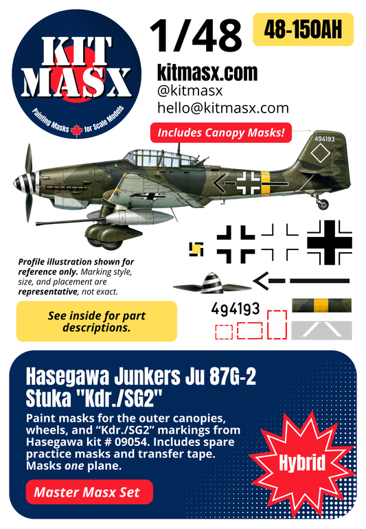 Hasegawa Junkers Ju 87G-2 Stuka "Kdr./SG2" 1/48 All-in-One Master Mask Set, Kit # 09054 (48150A)