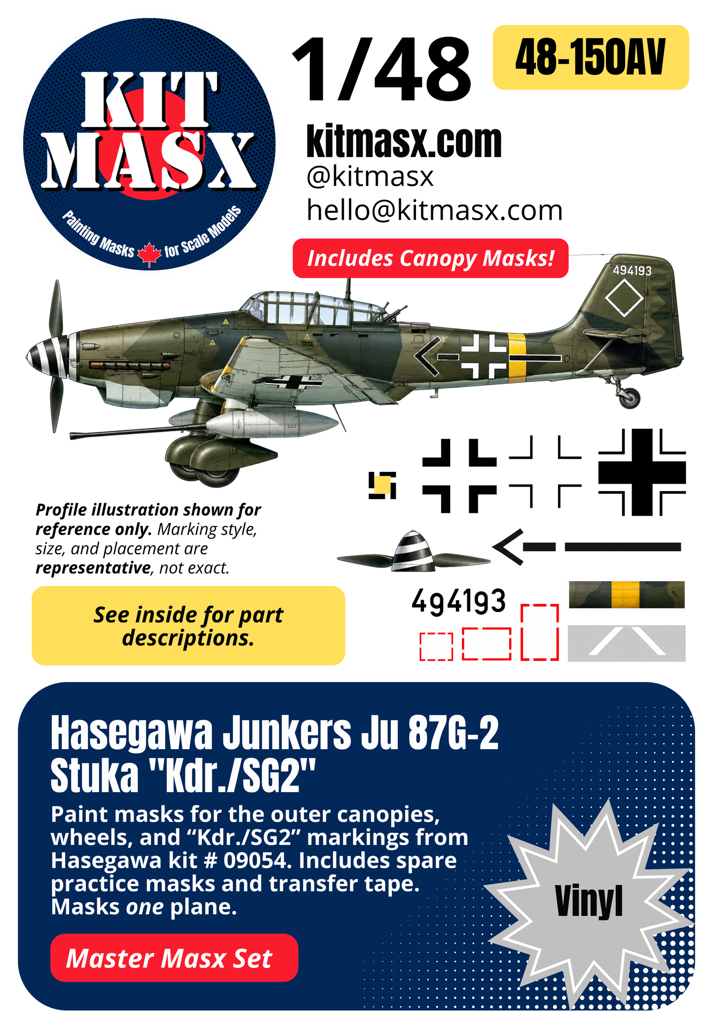 Hasegawa Junkers Ju 87G-2 Stuka "Kdr./SG2" 1/48 All-in-One Master Mask Set, Kit # 09054 (48150A)