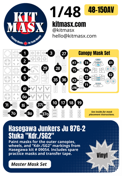 Hasegawa Junkers Ju 87G-2 Stuka "Kdr./SG2" 1/48 Master Mask Set, Kit # 09054