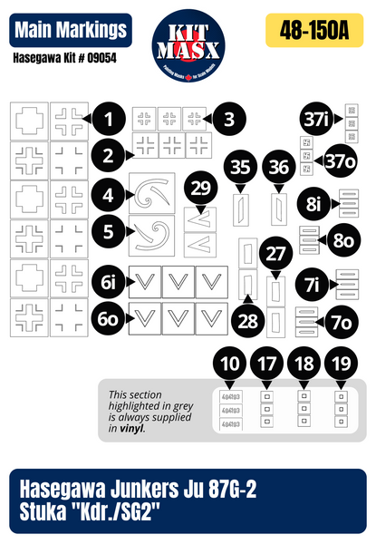 Hasegawa Junkers Ju 87G-2 Stuka "Kdr./SG2" 1/48 Master Mask Set, Kit # 09054