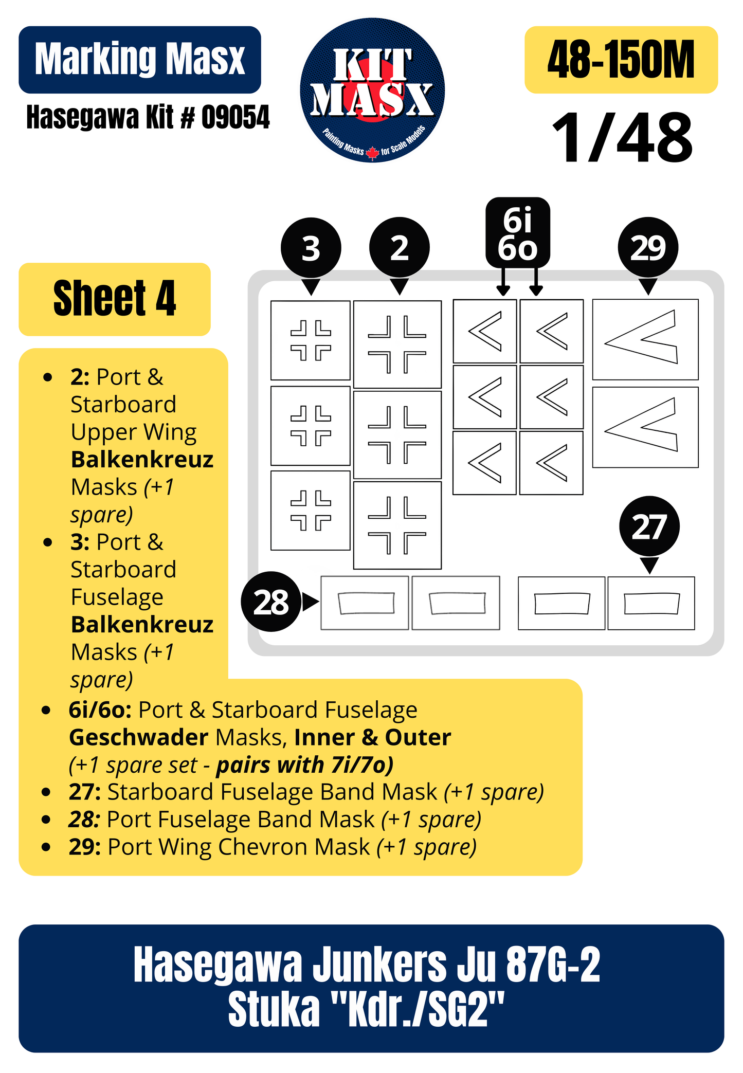 Hasegawa Junkers Ju 87G-2 Stuka "Kdr./SG2" 1/48 Main Marking Paint Masks, Kit # 09054 (48150M)