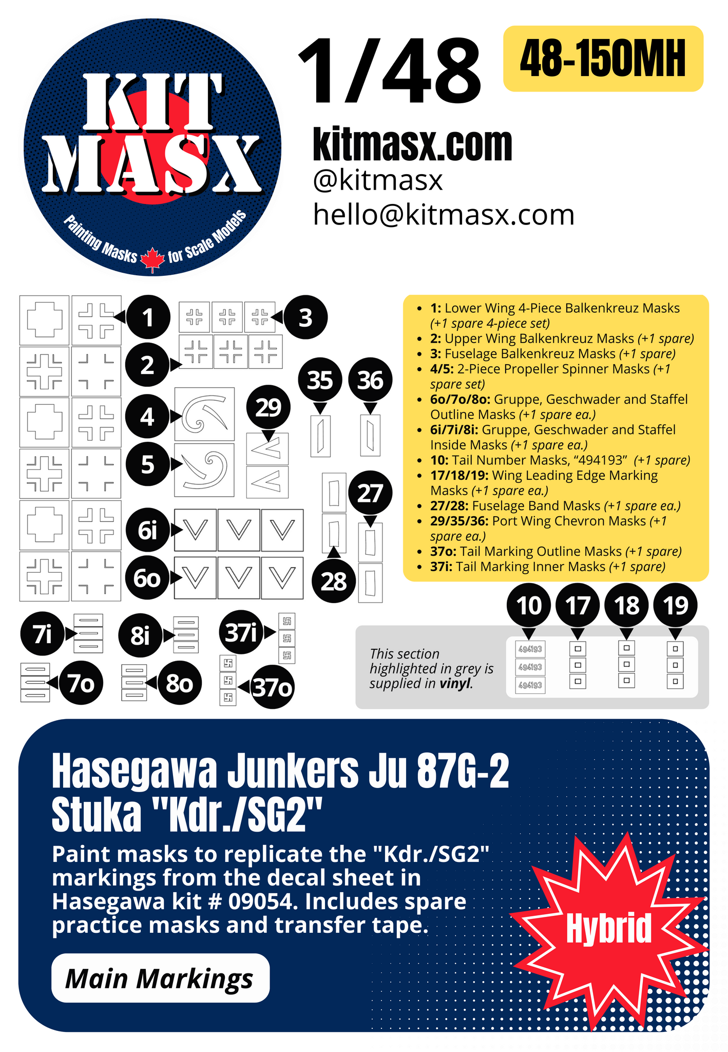 Hasegawa Junkers Ju 87G-2 Stuka "Kdr./SG2" 1/48 Main Marking Paint Masks, Kit # 09054