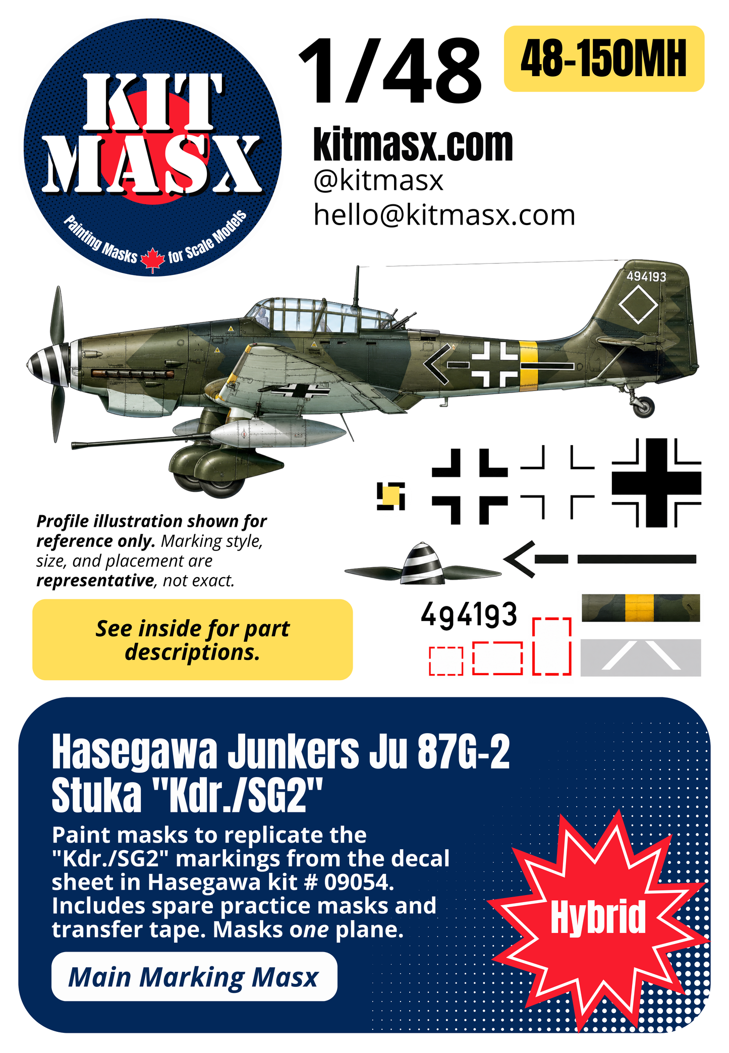Hasegawa Junkers Ju 87G-2 Stuka "Kdr./SG2" 1/48 Main Marking Paint Masks, Kit # 09054 (48150M)