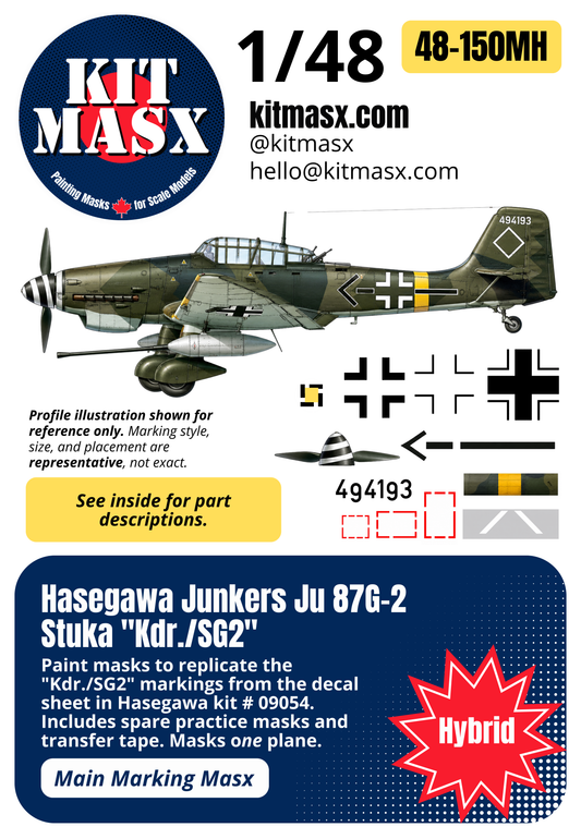 Hasegawa Junkers Ju 87G-2 Stuka "Kdr./SG2" 1/48 Main Marking Paint Masks, Kit # 09054 (48150M)
