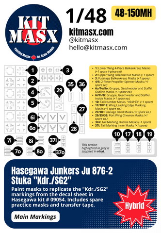 Hasegawa Junkers Ju 87G-2 Stuka "Kdr./SG2" 1/48 Main Marking Paint Masks, Kit # 09054