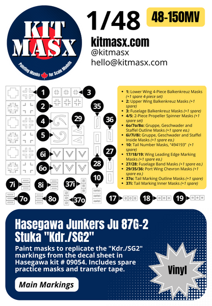 Hasegawa Junkers Ju 87G-2 Stuka "Kdr./SG2" 1/48 Main Marking Paint Masks, Kit # 09054