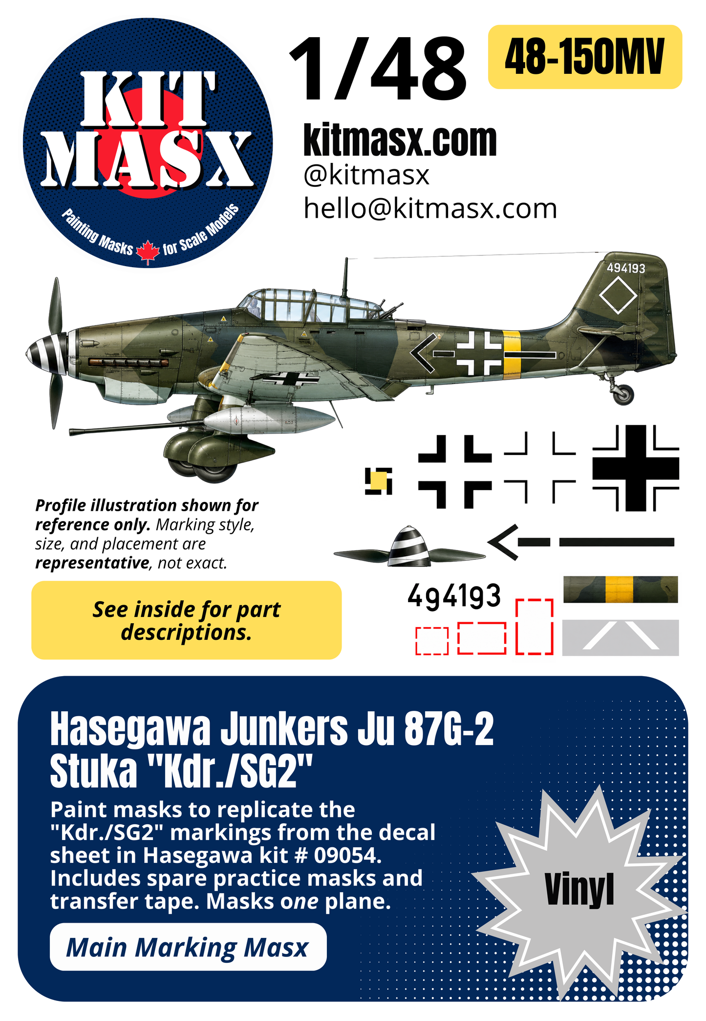 Hasegawa Junkers Ju 87G-2 Stuka "Kdr./SG2" 1/48 Main Marking Paint Masks, Kit # 09054 (48150M)