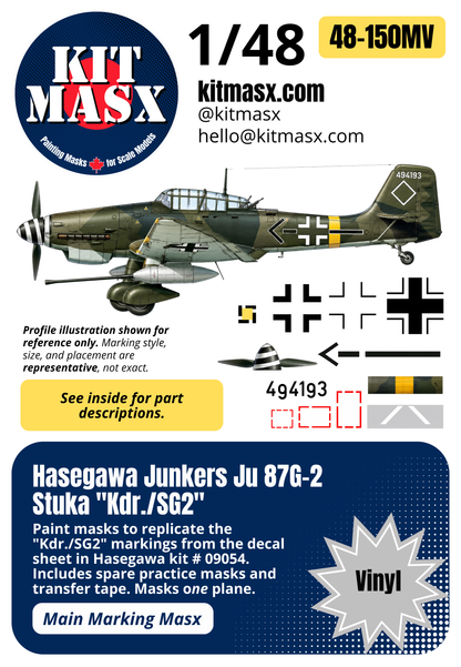 Hasegawa Junkers Ju 87G-2 Stuka "Kdr./SG2" 1/48 Main Marking Paint Masks, Kit # 09054 (48150M)