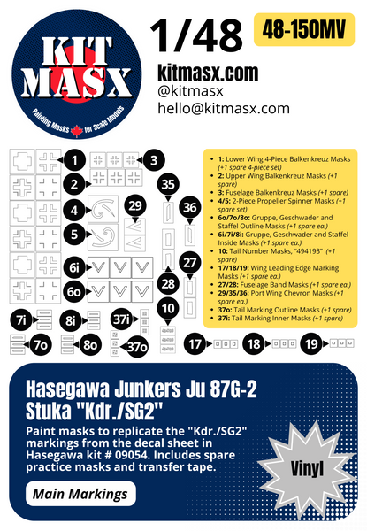 Hasegawa Junkers Ju 87G-2 Stuka "Kdr./SG2" 1/48 Main Marking Paint Masks, Kit # 09054