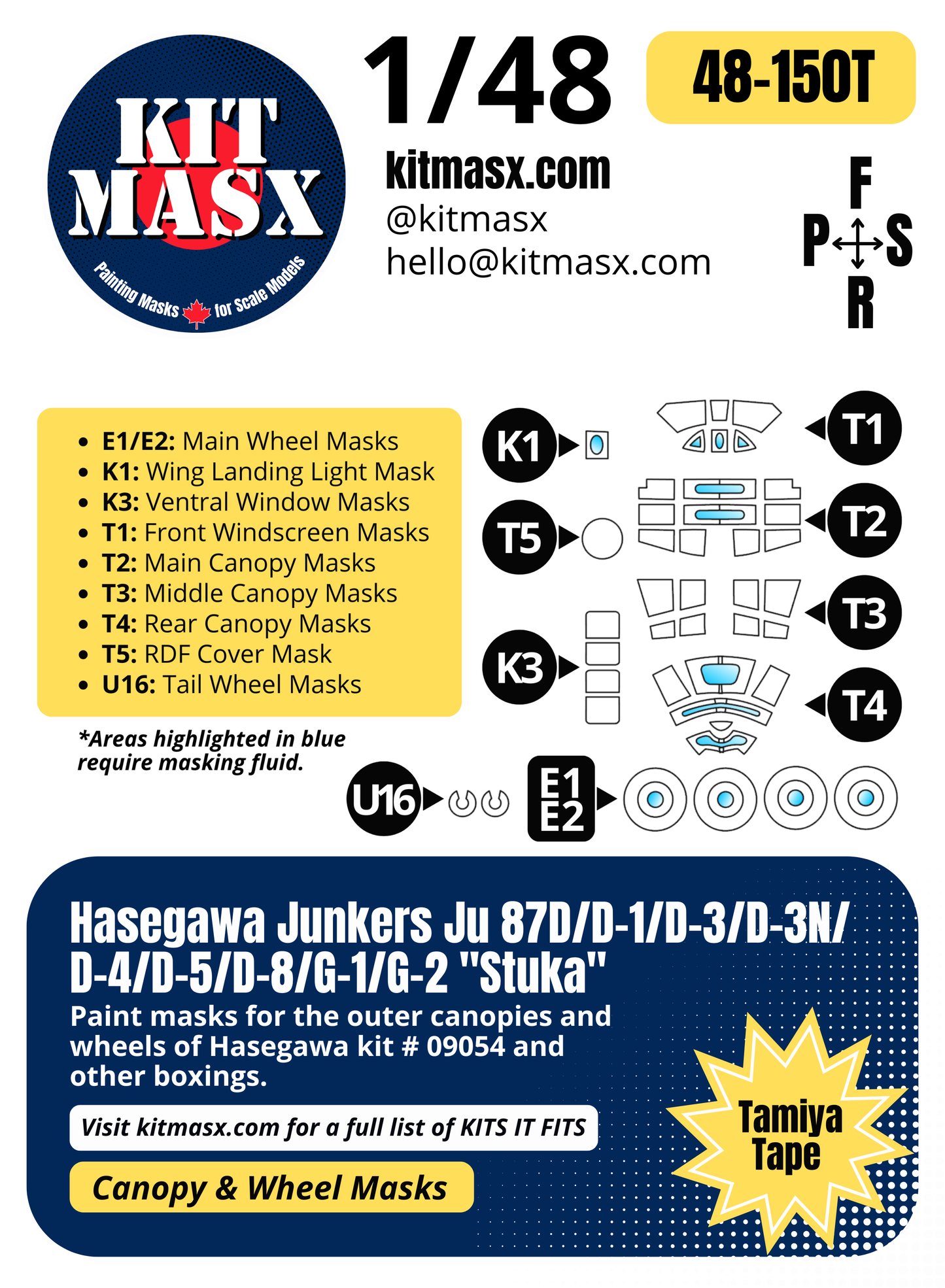Hasegawa Junkers Ju 87D/D-1/D-3/D-3N/D-4/D-5/D-8/G-1/G-2 "Stuka" 1/48 Canopy & Wheel Paint Masks, Kit # 09054