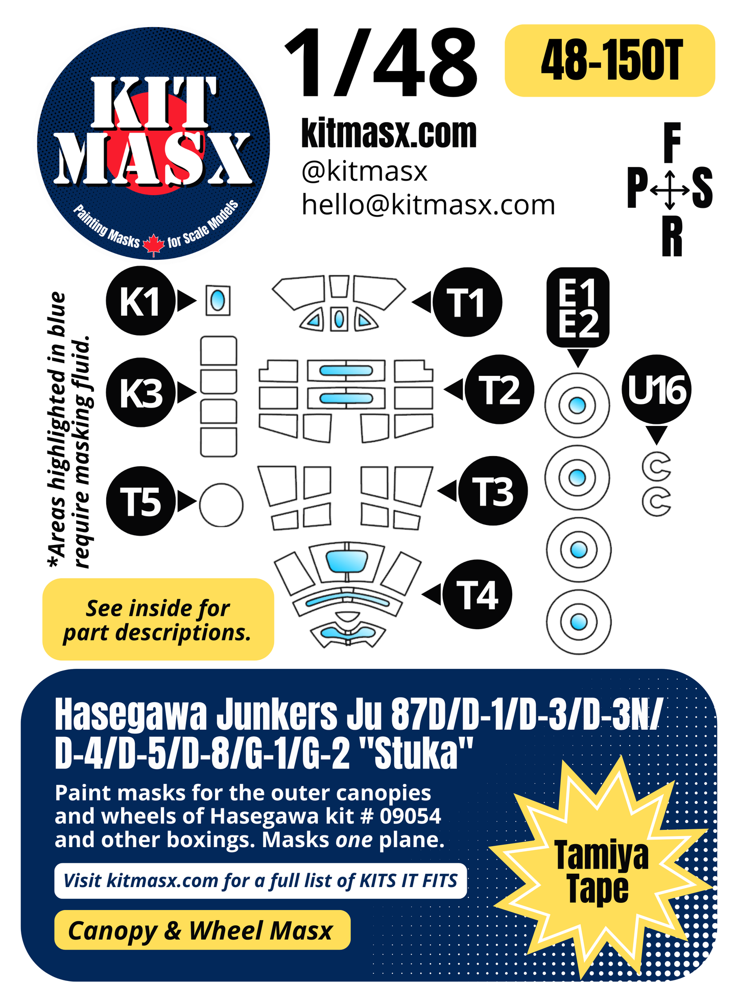 Hasegawa Junkers Ju 87D/D-1/D-3/D-3N/D-4/D-5/D-8/G-1/G-2 "Stuka" 1/48 Canopy & Wheel Paint Masks, Kit # 09054 (48150)