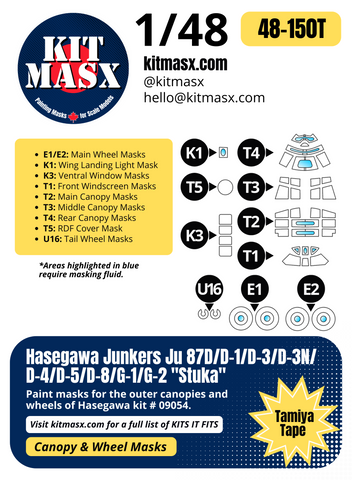 Hasegawa Junkers Ju 87D/D-1/D-3/D-3N/D-4/D-5/D-8/G-1/G-2 "Stuka" 1/48 Canopy & Wheel Paint Masks, Kit # 09054