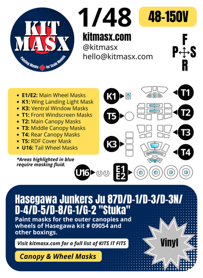 Hasegawa Junkers Ju 87D/D-1/D-3/D-3N/D-4/D-5/D-8/G-1/G-2 "Stuka" 1/48 Canopy & Wheel Paint Masks, Kit # 09054