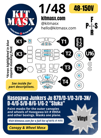 Hasegawa Junkers Ju 87D/D-1/D-3/D-3N/D-4/D-5/D-8/G-1/G-2 "Stuka" 1/48 Canopy & Wheel Paint Masks, Kit # 09054 (48150)