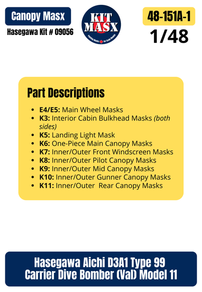 Hasegawa Aichi D3A1 (Val) "IJN Carrier Akagi AI-251" 1/48 Master Mask Set, Kit # 09056 (48151A1)