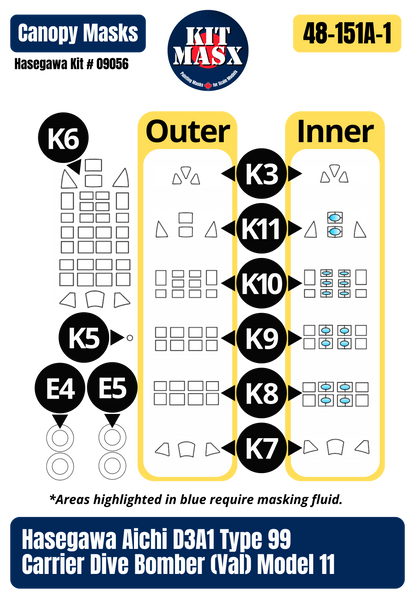 Hasegawa Aichi D3A1 (Val) "IJN Carrier Akagi AI-251" 1/48 Master Mask Set, Kit # 09056