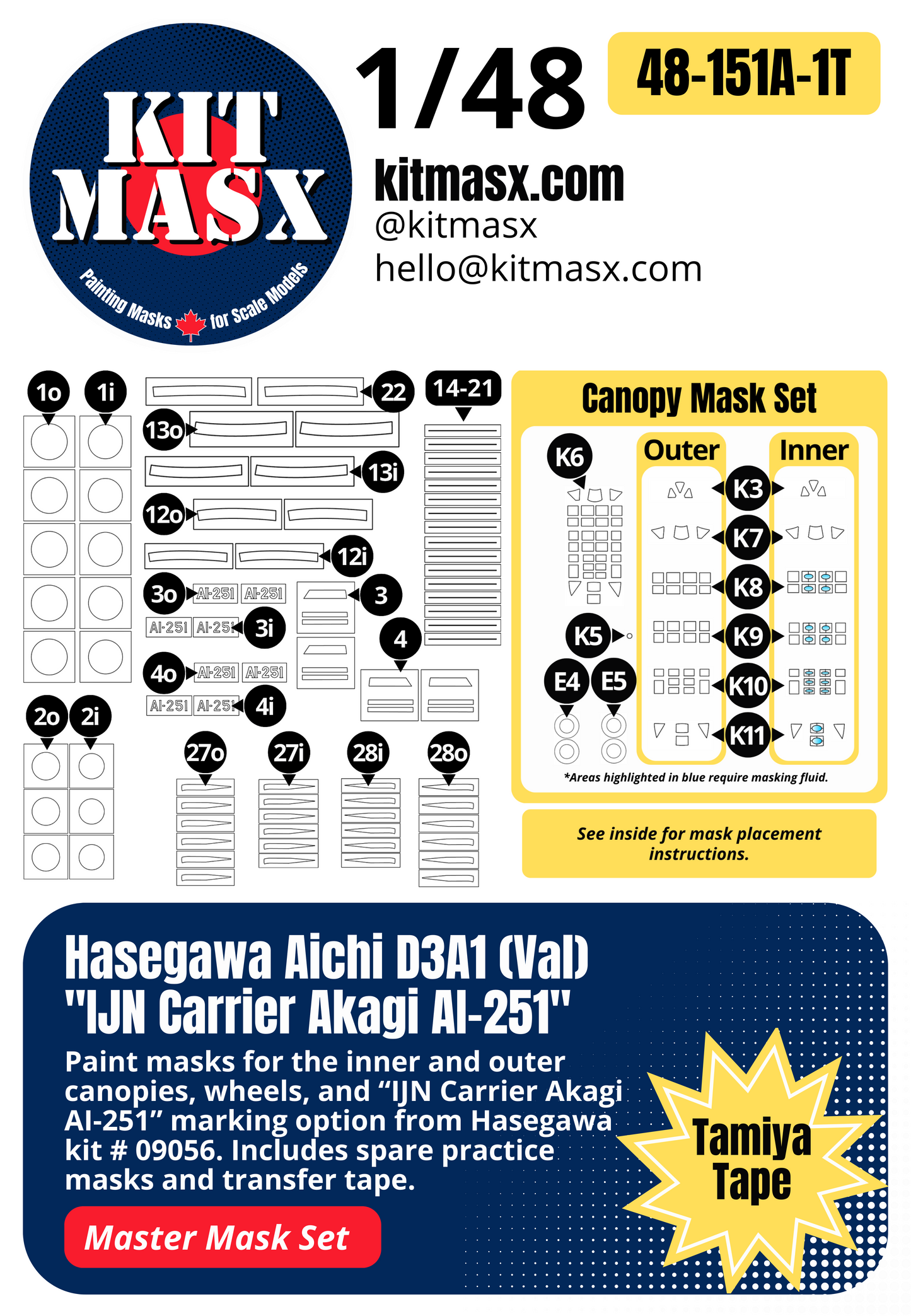 Hasegawa Aichi D3A1 (Val) "IJN Carrier Akagi AI-251" 1/48 Master Mask Set, Kit # 09056