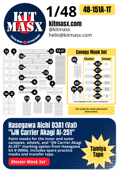 Hasegawa Aichi D3A1 (Val) "IJN Carrier Akagi AI-251" 1/48 Master Mask Set, Kit # 09056