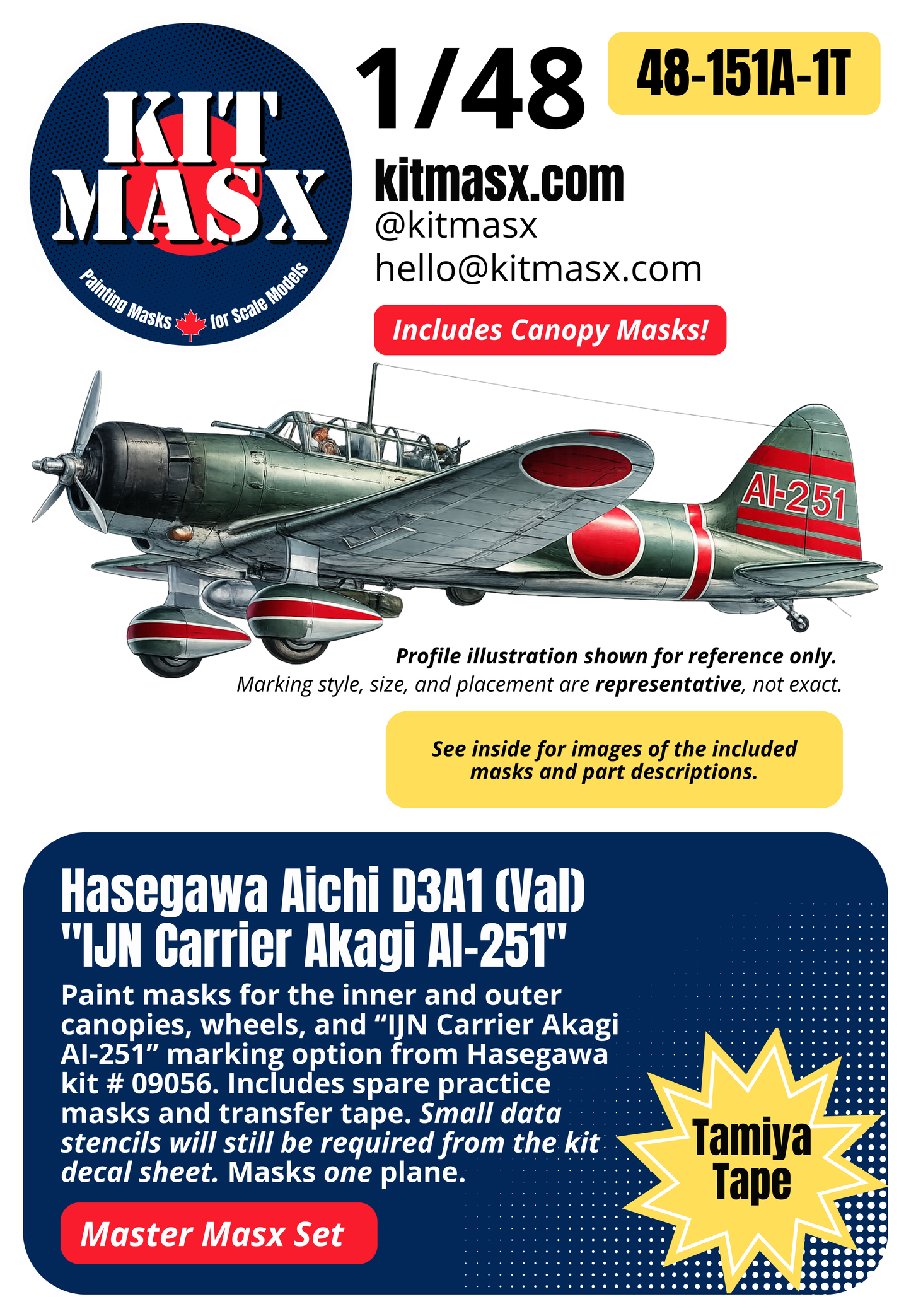 Hasegawa Aichi D3A1 (Val) "IJN Carrier Akagi AI-251" 1/48 Master Mask Set, Kit # 09056 (48151A1)