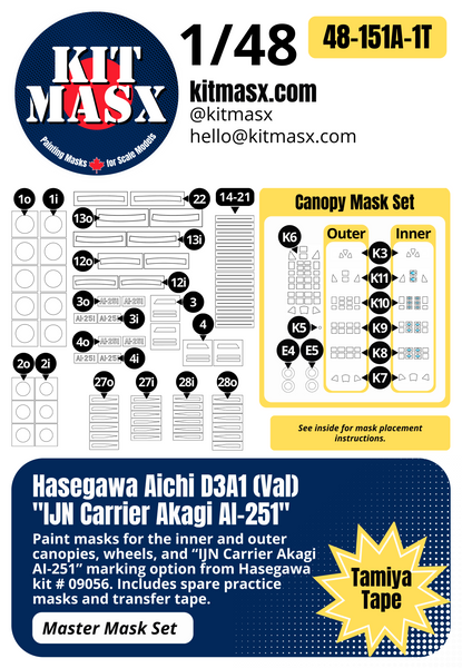 Hasegawa Aichi D3A1 (Val) "IJN Carrier Akagi AI-251" 1/48 Master Mask Set, Kit # 09056