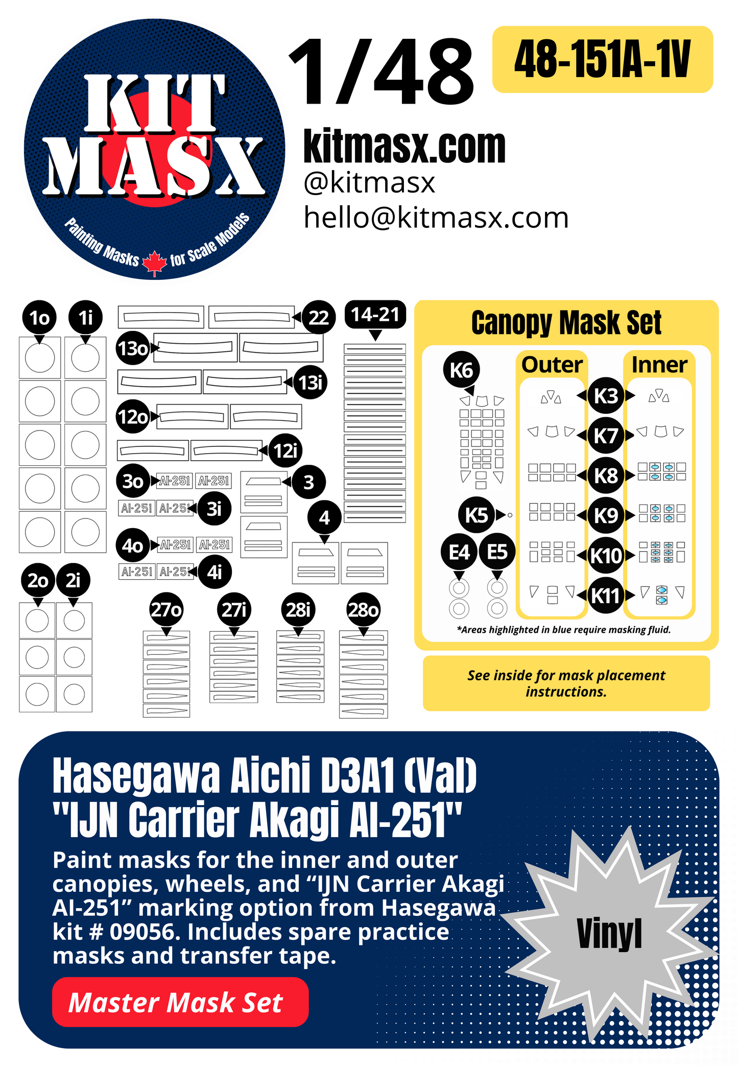 Hasegawa Aichi D3A1 (Val) "IJN Carrier Akagi AI-251" 1/48 Master Mask Set, Kit # 09056