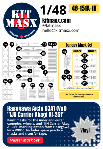 Hasegawa Aichi D3A1 (Val) "IJN Carrier Akagi AI-251" 1/48 Master Mask Set, Kit # 09056