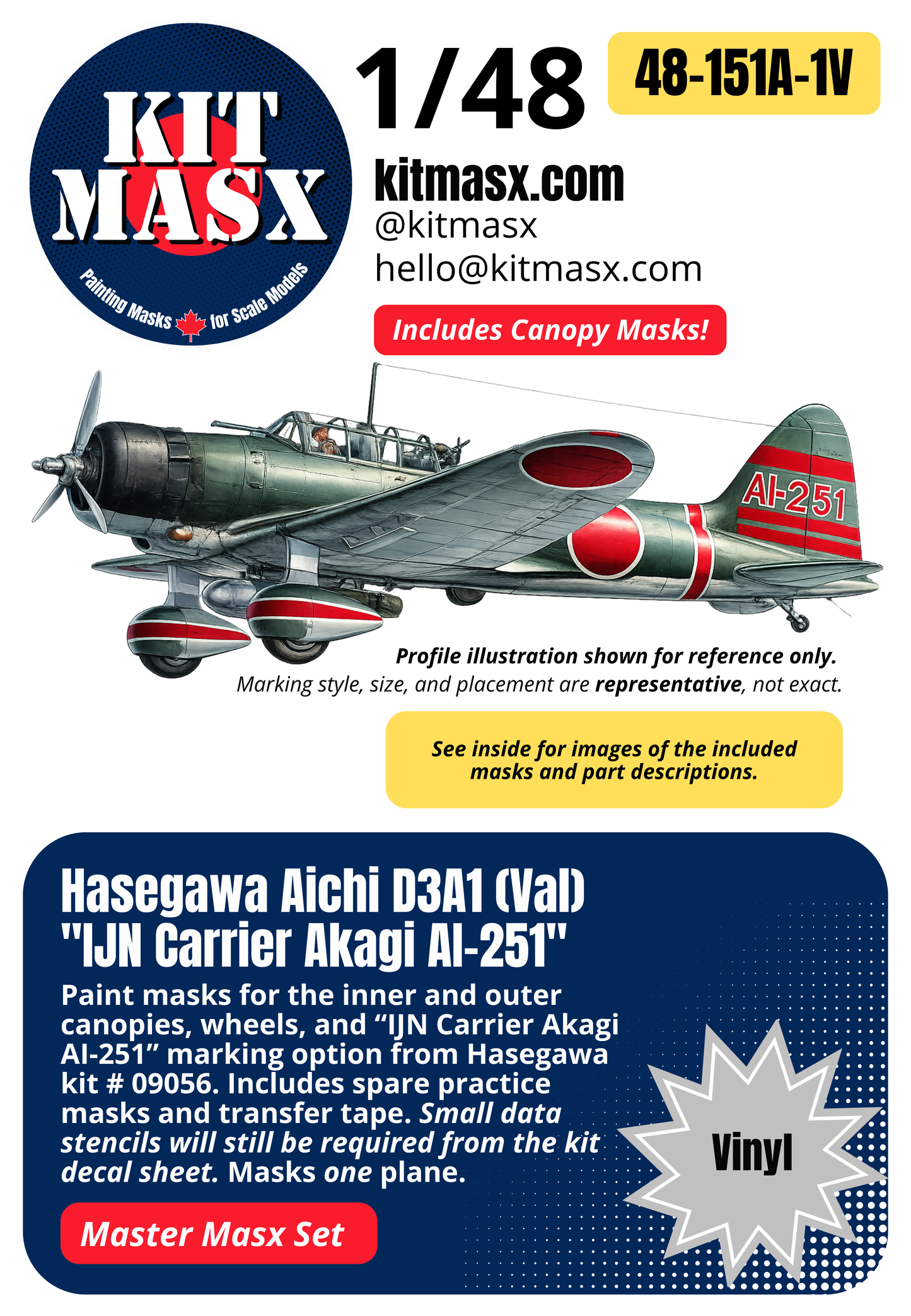 Hasegawa Aichi D3A1 (Val) "IJN Carrier Akagi AI-251" 1/48 Master Mask Set, Kit # 09056 (48151A1)