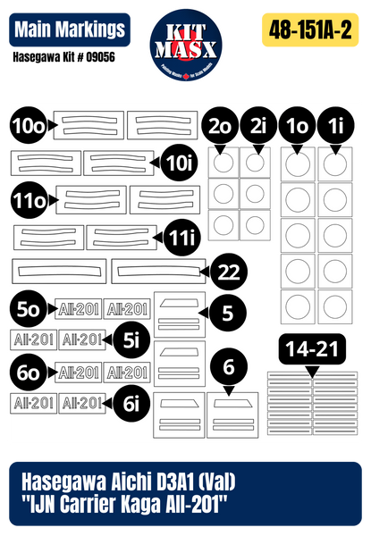 Hasegawa Aichi D3A1 (Val) "IJN Carrier Kaga AII-201" 1/48 Master Mask Set, Kit # 09056