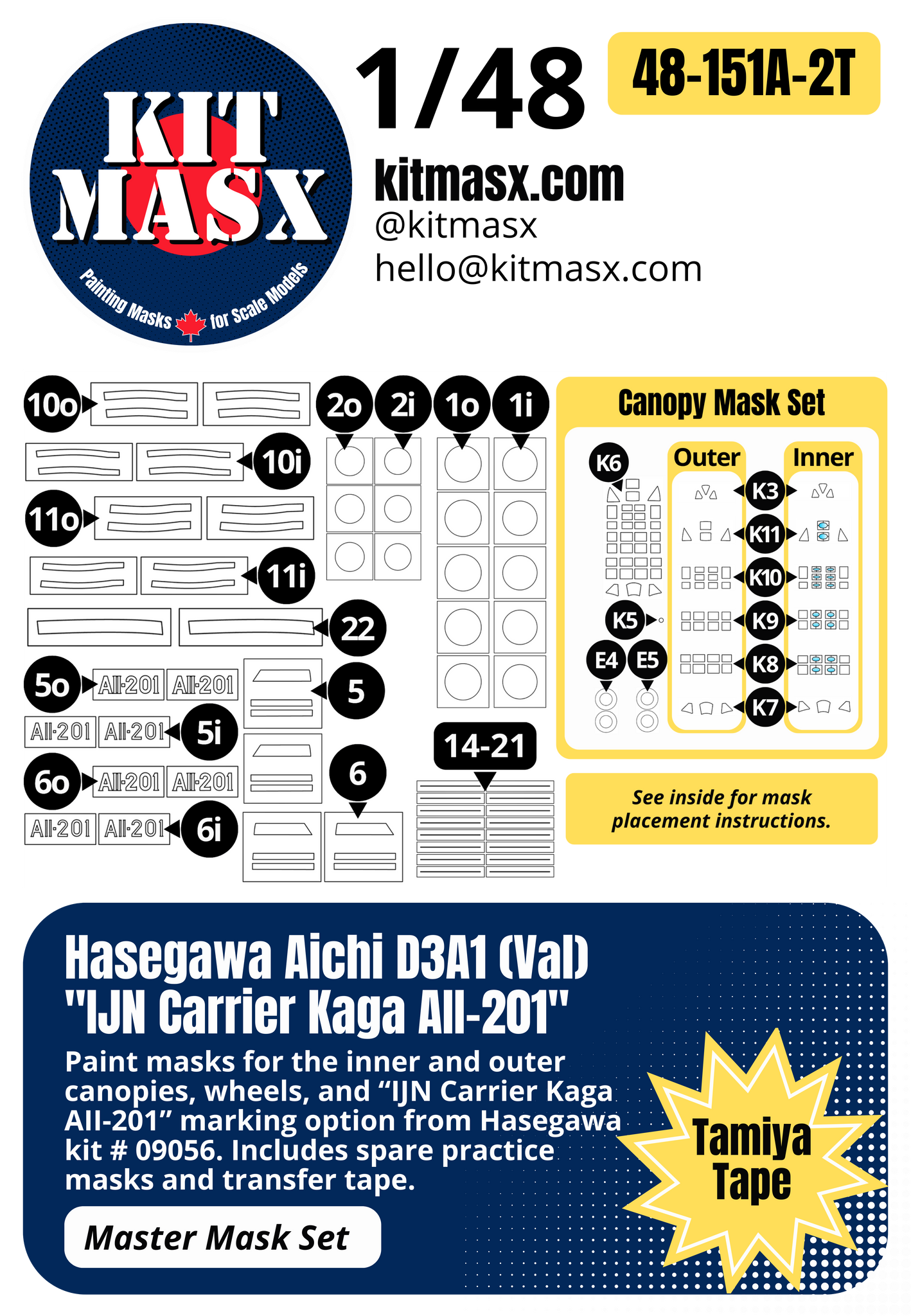 Hasegawa Aichi D3A1 (Val) "IJN Carrier Kaga AII-201" 1/48 Master Mask Set, Kit # 09056