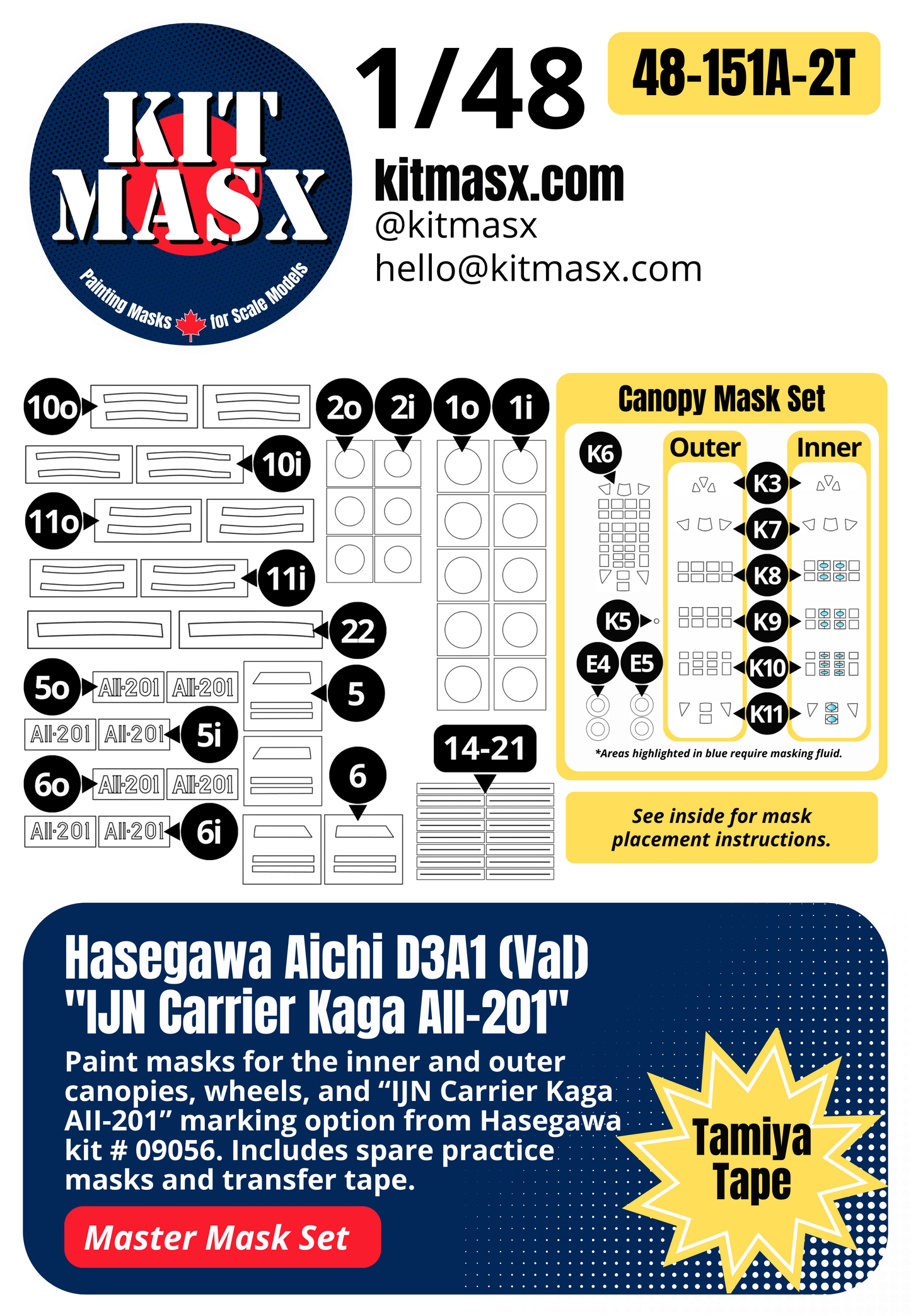 Hasegawa Aichi D3A1 (Val) "IJN Carrier Kaga AII-201" 1/48 Master Mask Set, Kit # 09056