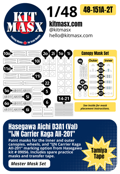 Hasegawa Aichi D3A1 (Val) "IJN Carrier Kaga AII-201" 1/48 Master Mask Set, Kit # 09056