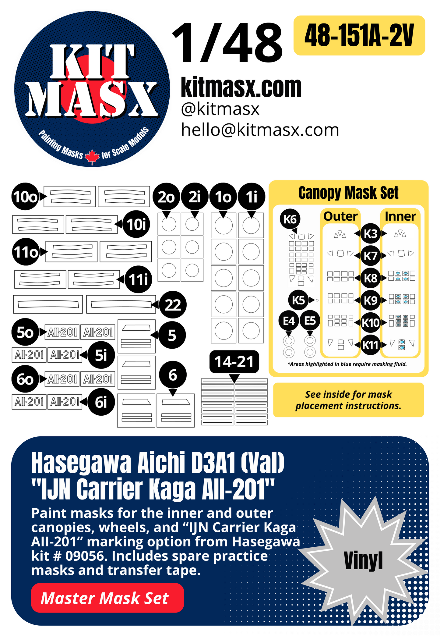 Hasegawa Aichi D3A1 (Val) "IJN Carrier Kaga AII-201" 1/48 Master Mask Set, Kit # 09056