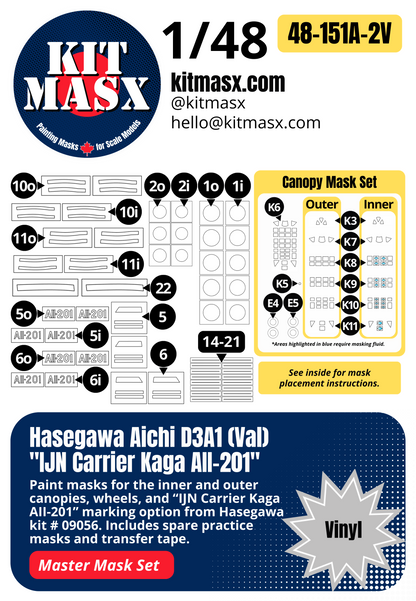 Hasegawa Aichi D3A1 (Val) "IJN Carrier Kaga AII-201" 1/48 Master Mask Set, Kit # 09056