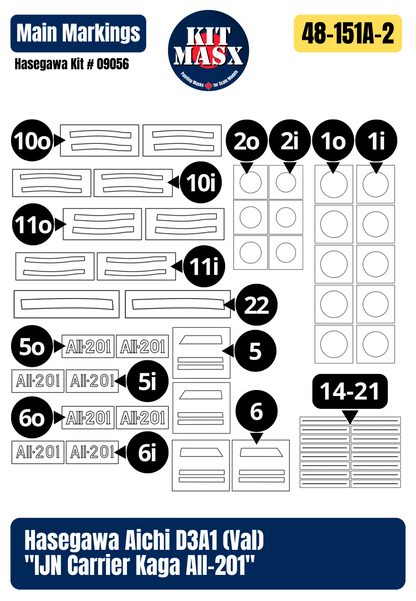 Hasegawa Aichi D3A1 (Val) "IJN Carrier Kaga AII-201" 1/48 Master Mask Set, Kit # 09056