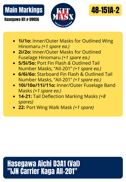 Hasegawa Aichi D3A1 (Val) "IJN Carrier Kaga AII-201" 1/48 Master Mask Set, Kit # 09056