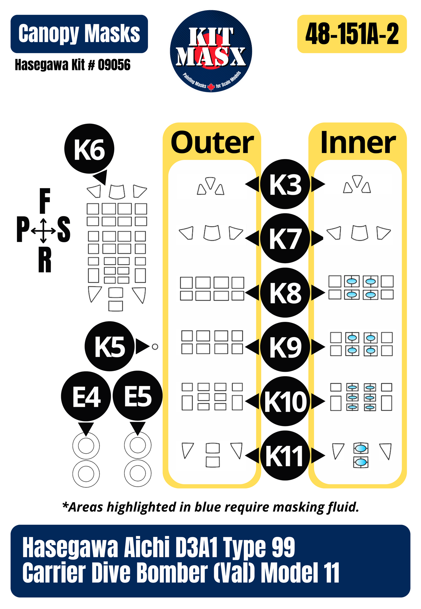 Hasegawa Aichi D3A1 (Val) "IJN Carrier Kaga AII-201" 1/48 Master Mask Set, Kit # 09056