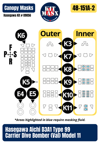 Hasegawa Aichi D3A1 (Val) "IJN Carrier Kaga AII-201" 1/48 Master Mask Set, Kit # 09056