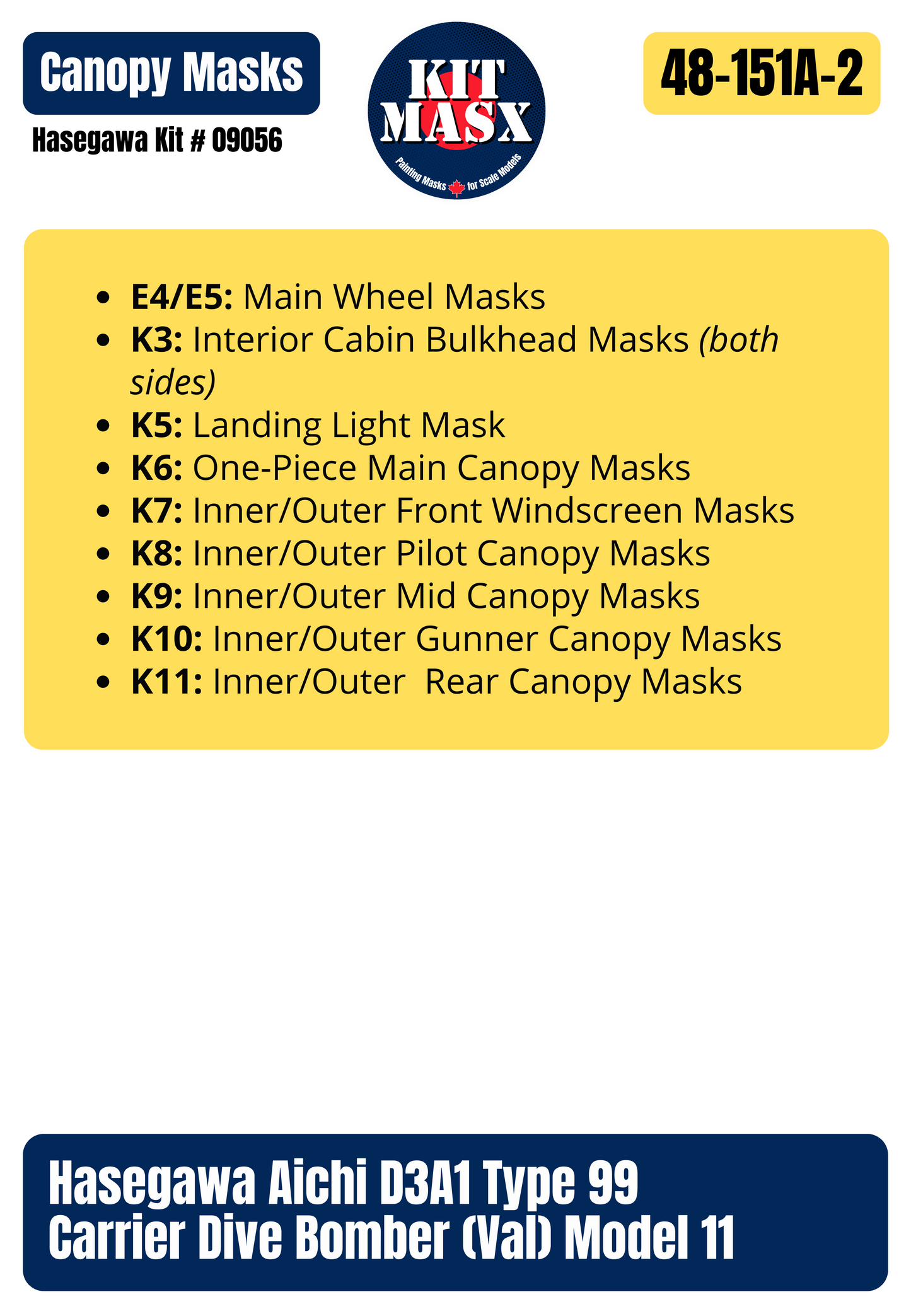 Hasegawa Aichi D3A1 (Val) "IJN Carrier Kaga AII-201" 1/48 Master Mask Set, Kit # 09056