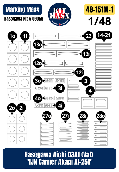 Hasegawa Aichi D3A1 (Val) "IJN Carrier Akagi AI-251" 1/48 Main Marking Paint Masks, Kit # 09056 (48151M1)