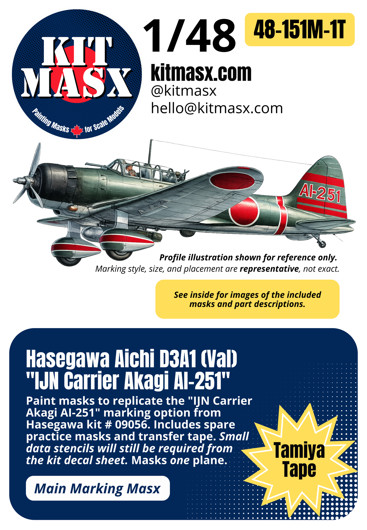 Hasegawa Aichi D3A1 (Val) "IJN Carrier Akagi AI-251" 1/48 Main Marking Paint Masks, Kit # 09056 (48151M1)