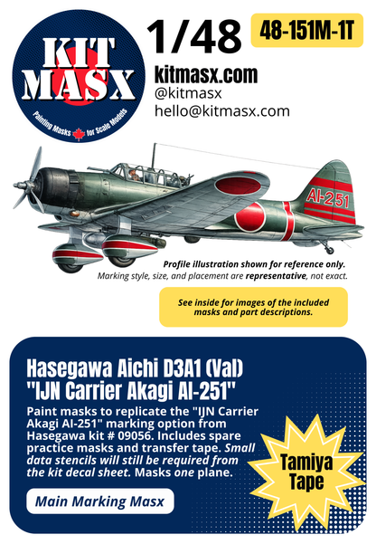 Hasegawa Aichi D3A1 (Val) "IJN Carrier Akagi AI-251" 1/48 Main Marking Paint Masks, Kit # 09056 (48151M1)