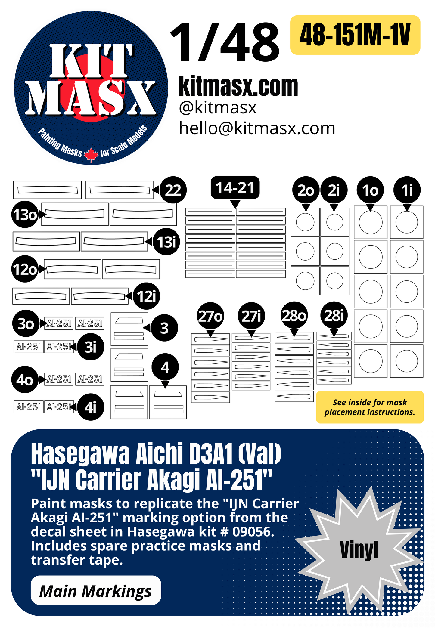 Hasegawa Aichi D3A1 (Val) "IJN Carrier Akagi AI-251" 1/48 Main Marking Paint Masks, Kit # 09056